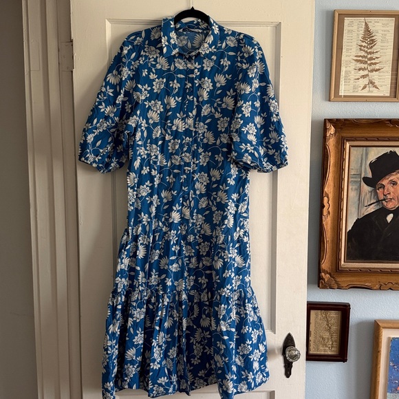 Zara Blue Floral Drop Waist Midi Shirt Dress Summer Dress - Size Medium - Picture 7 of 9